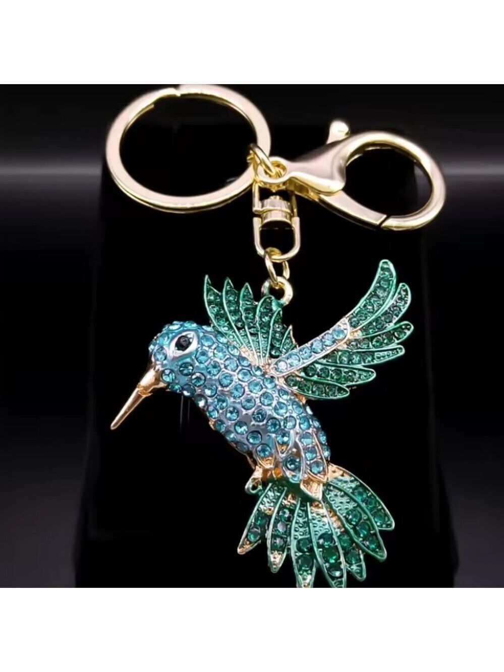 Green Hummingbird Keychain for Women Men Rhinestone Gold Color Alloy Animal Bird